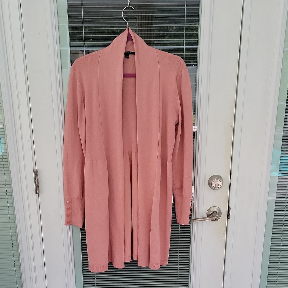Cyrus Long Open Front Cardigan Salmon Color Sz L Button Accents On Sleeves